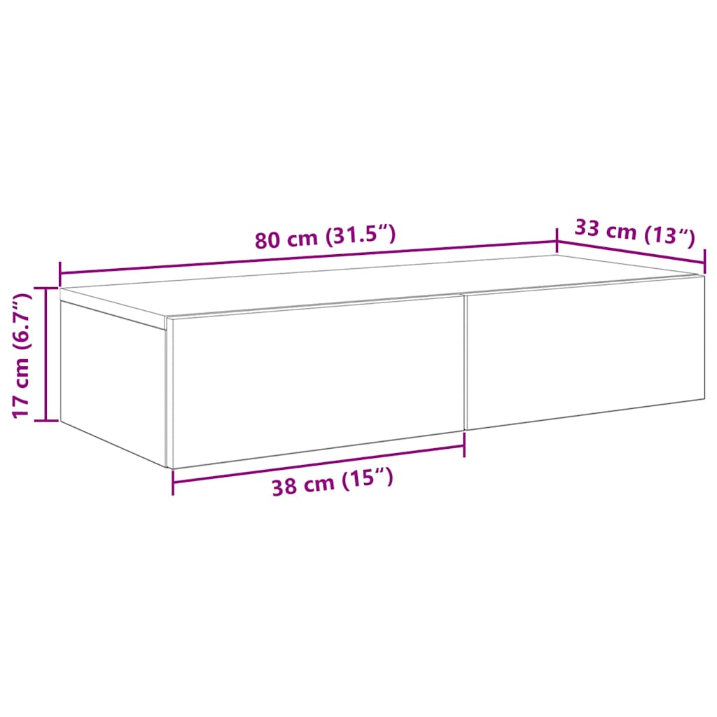 Vegghylle med skuffer hvit 80x33x17 cm konstruert tre