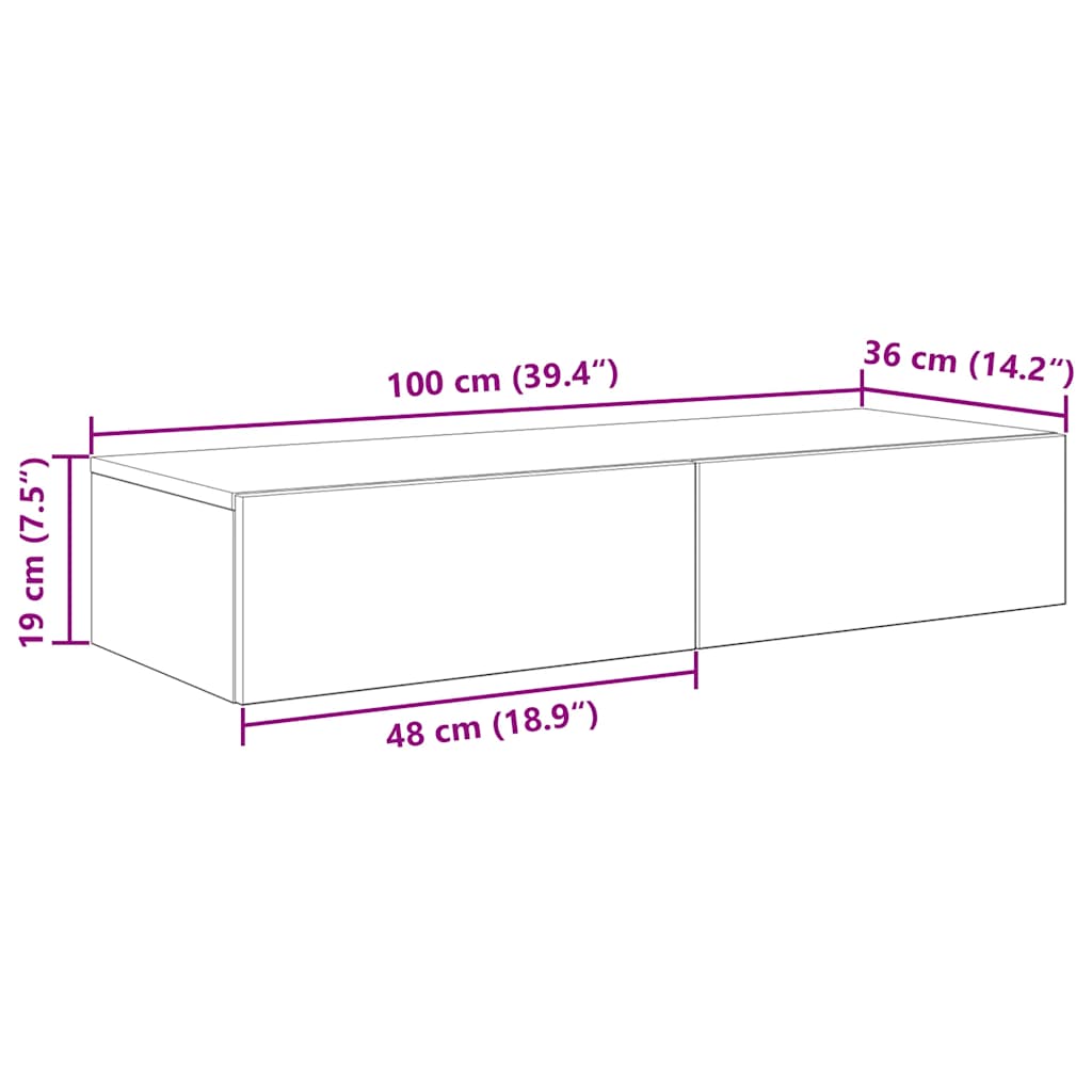 Vegghylle med skuffer hvit 100x36x19 cm konstruert tre