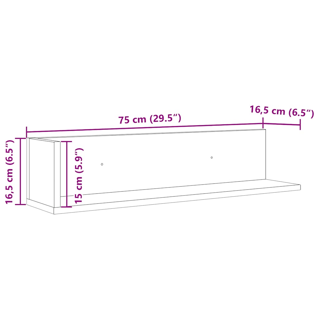 Vegghyller 2 stk hvit 75x16,5x16,5 cm konstruert tre