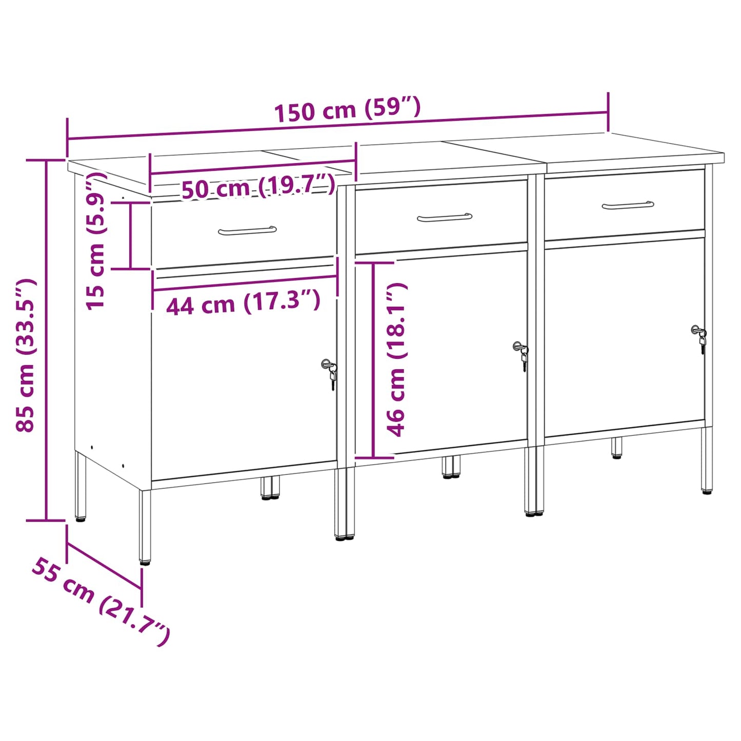 Arbeidsskap med skuff med lås 3 pcs Rød og Grå 150 x 55 x 85 cm