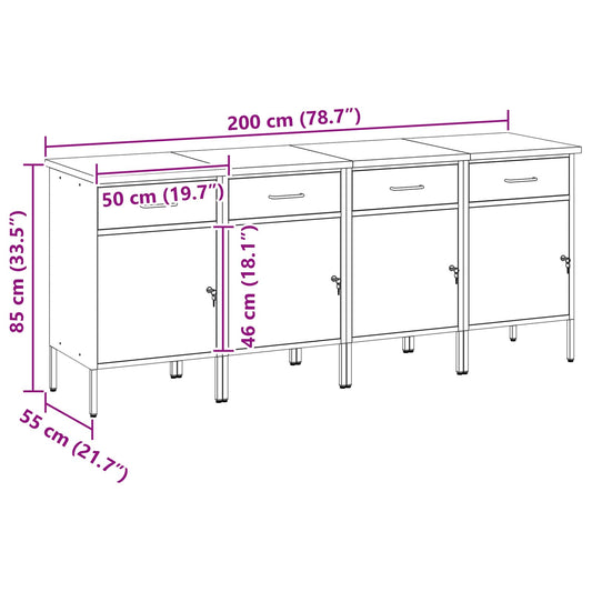 Arbeidsskap med skuff med lås 4 pcs Rød og Grå 200 x 55 x 85 cm