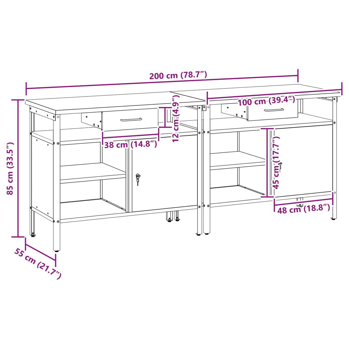 Arbeidsbenksett med skuff 2 pcs Rød og Grå 200 x 55 x 85 cm