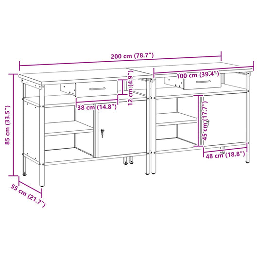 Arbeidsbenksett med skuff 2 pcs Rød og Grå 200 x 55 x 85 cm