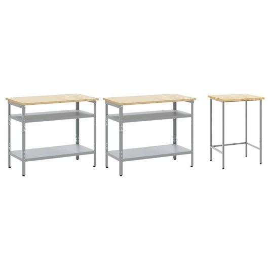 Arbeidsbenksett med hylle 3 pcs Beige og grå Pulverlakkert stål