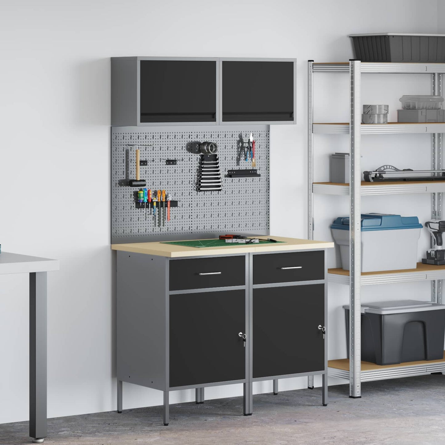 Sett med arbeidskabinetter med skuff med hylle 8 pcs Grå