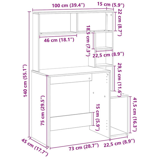 Skrivebord med hyller hvit 100x45x140 cm konstruert tre