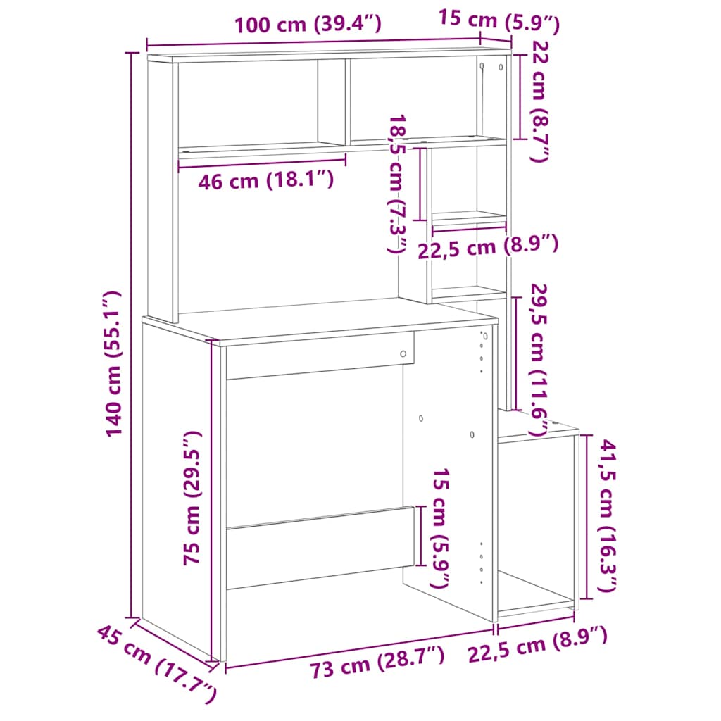 Skrivebord med hyller gammelt tre 100x45x140 cm konstruert tre