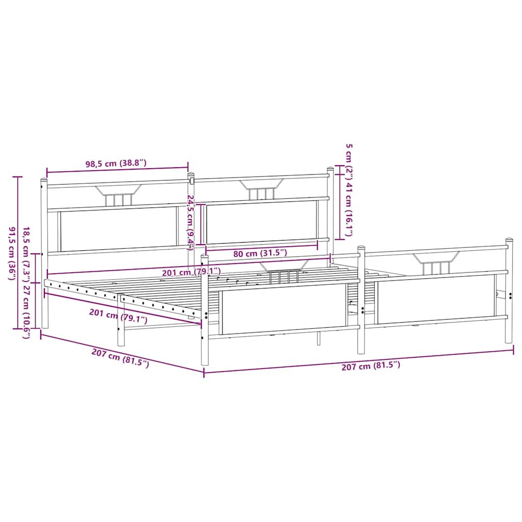 Sengeramme i metall uten madrass sonoma eik 200x200 cm
