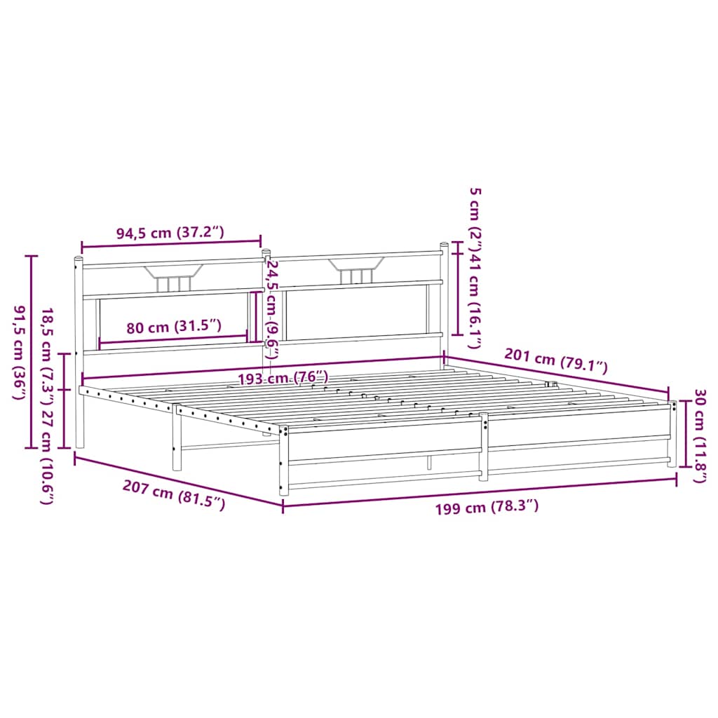 Sengeramme i metall uten madrass røkt eik 193x201 cm