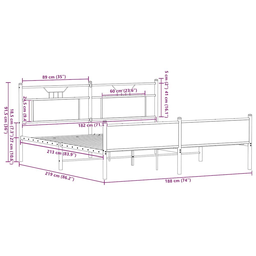 Sengeramme i metall uten madrass sonoma eik 183x213 cm