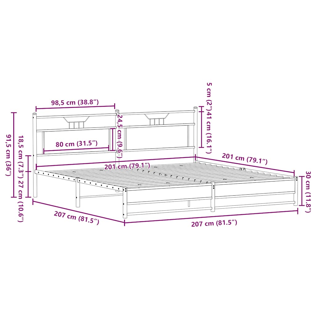 Sengeramme i metall uten madrass brun eik 200x200 cm