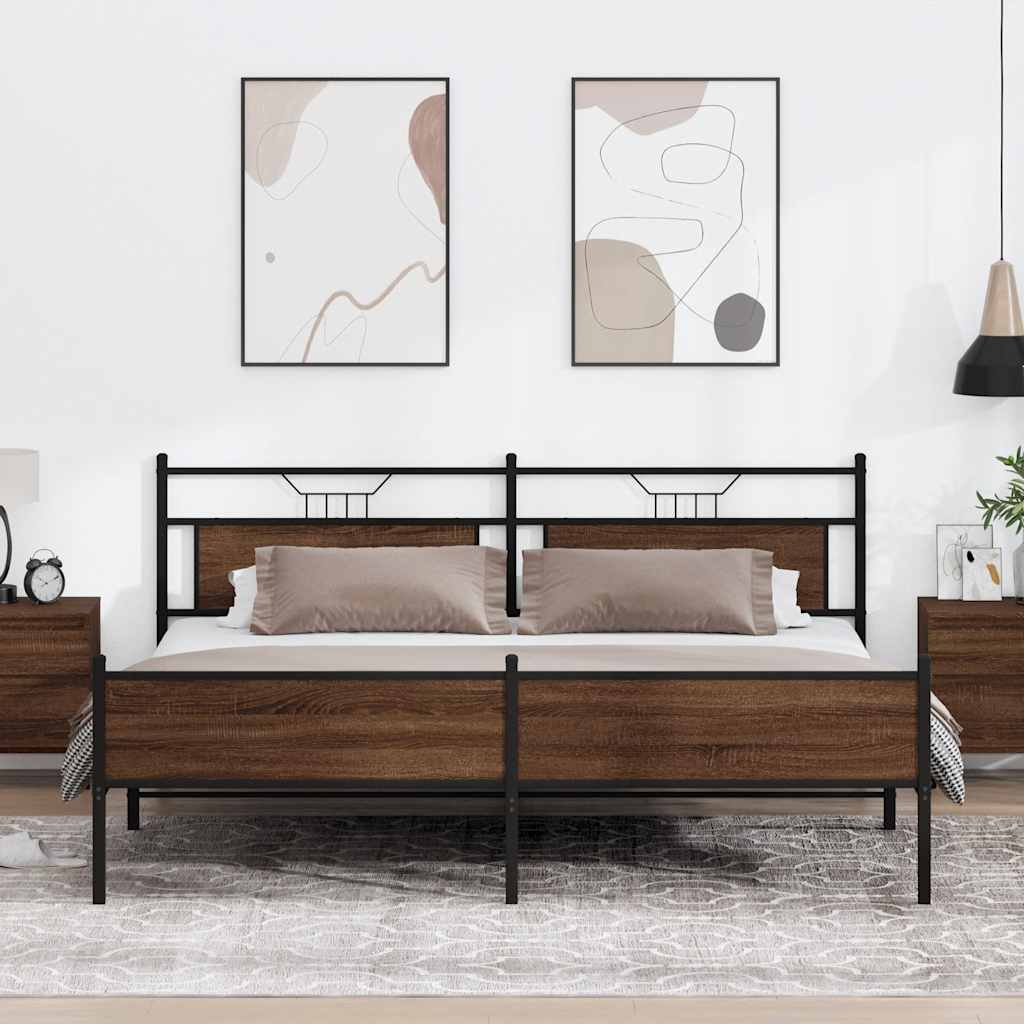 Sengeramme i metall uten madrass brun eik 193x201 cm