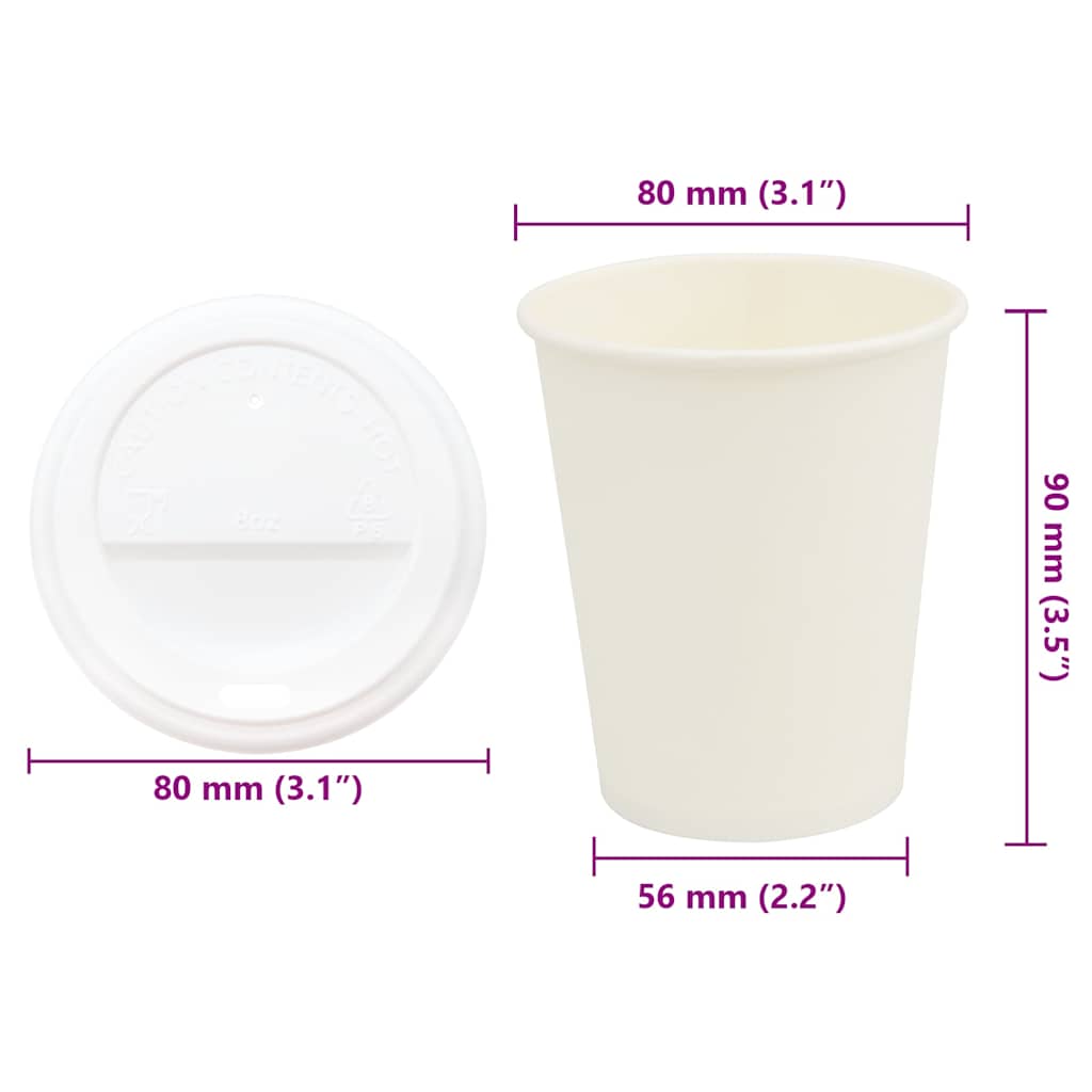 Papir kaffekopper med lokk 1000 stk 8oz 200 ml