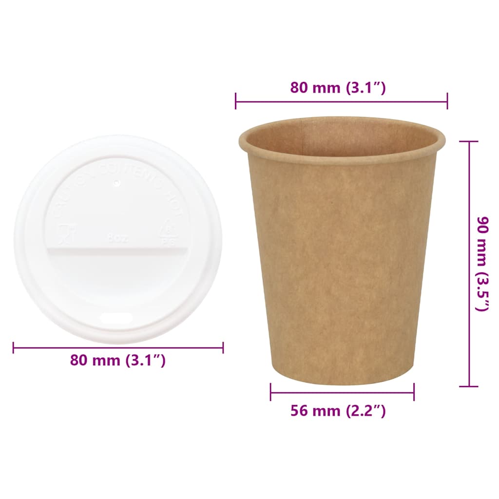Papir kaffekopper med lokk 1000 stk 8oz 200 ml vidaXL