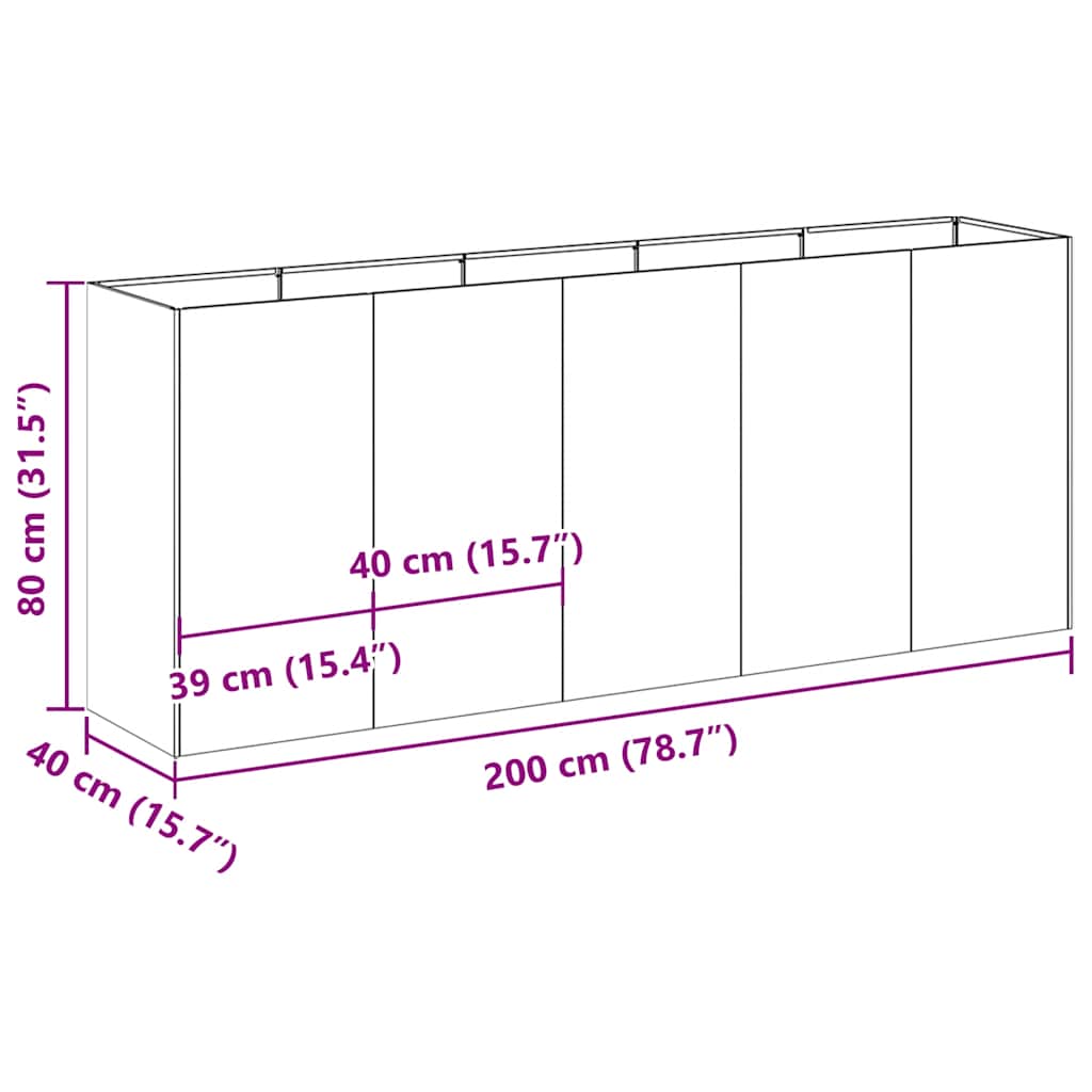Plantekasse 200x40x80 cm rustfritt stål