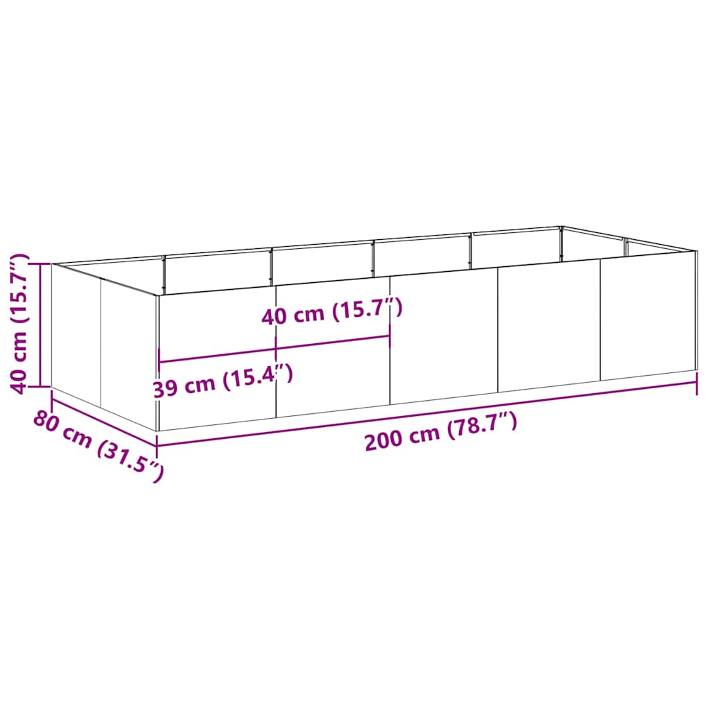 Plantekasse 200x80x40 cm rustfritt stål