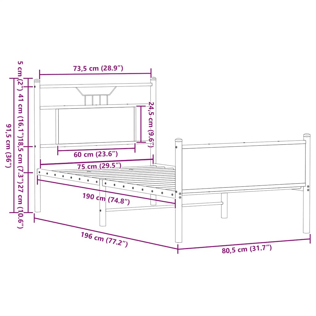 Sengeramme uten madrass sonoma eik 75x190 cm konstruert tre
