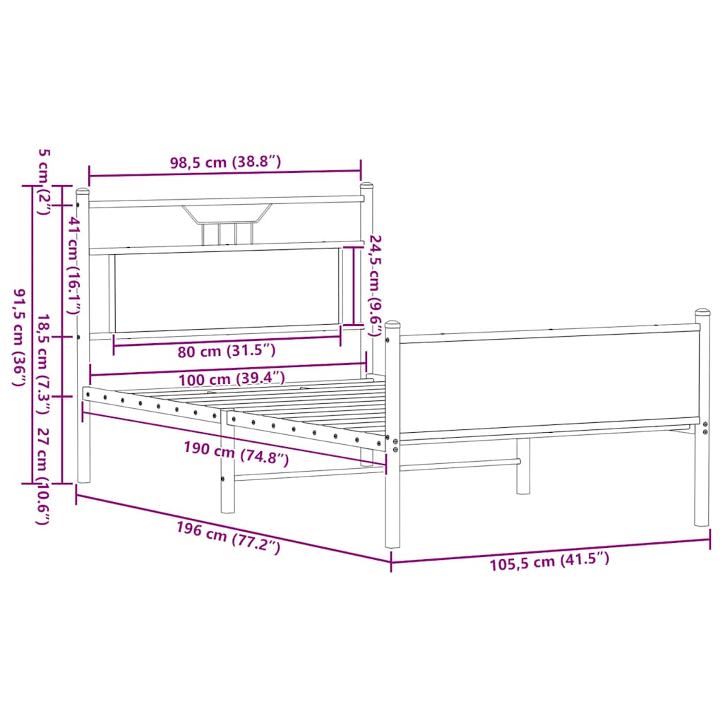 Sengeramme uten madrass sonoma eik 100x190 cm konstruert tre