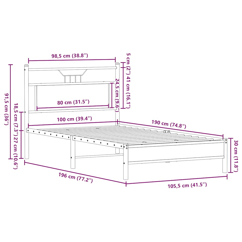 Sengeramme uten madrass brun eik 100x190 cm konstruert tre