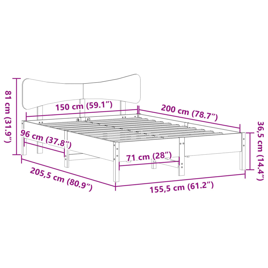 Sengeramme uten madrass brun 150x200 cm heltre furu