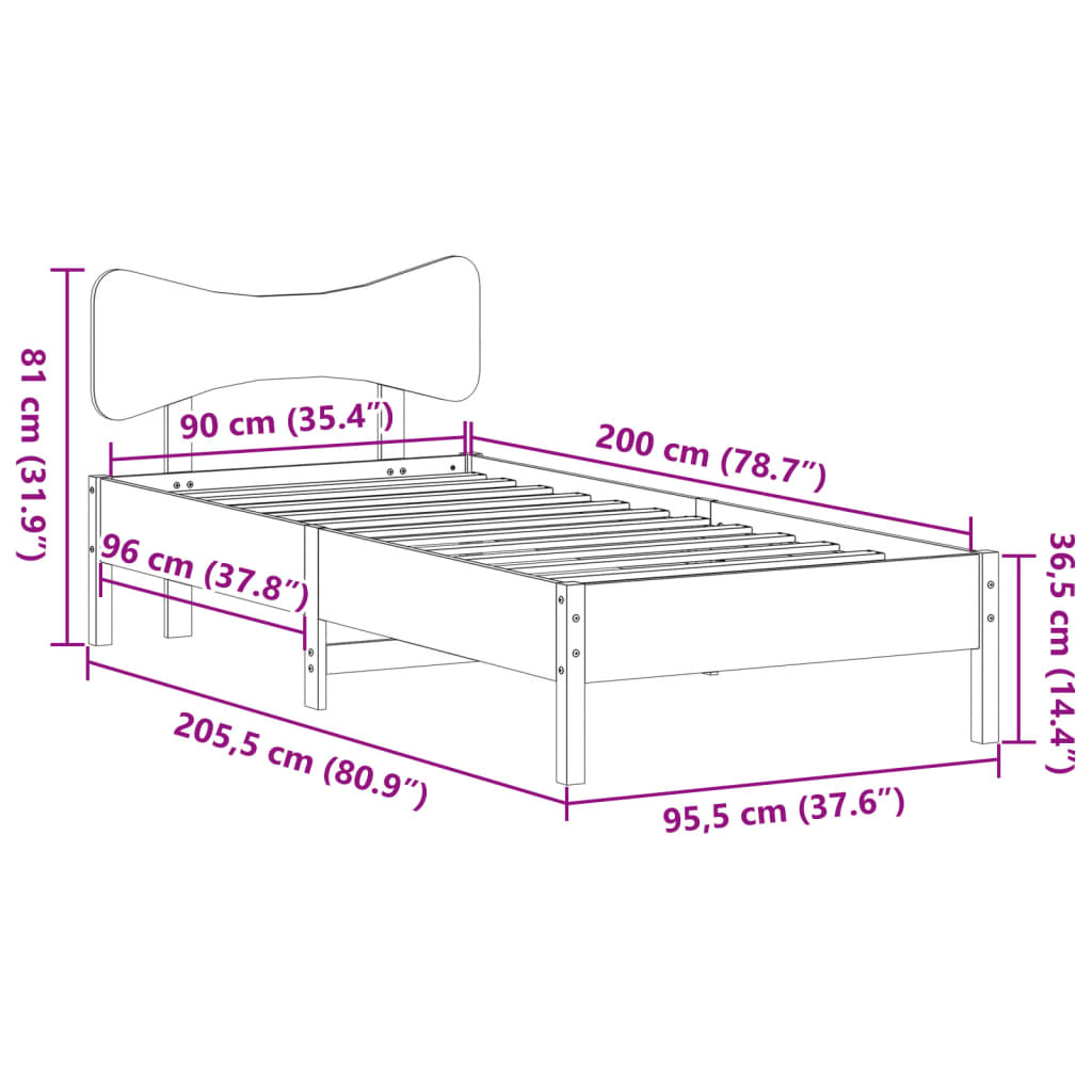 Sengeramme uten madrass voksbrun 90x200 cm heltre furu
