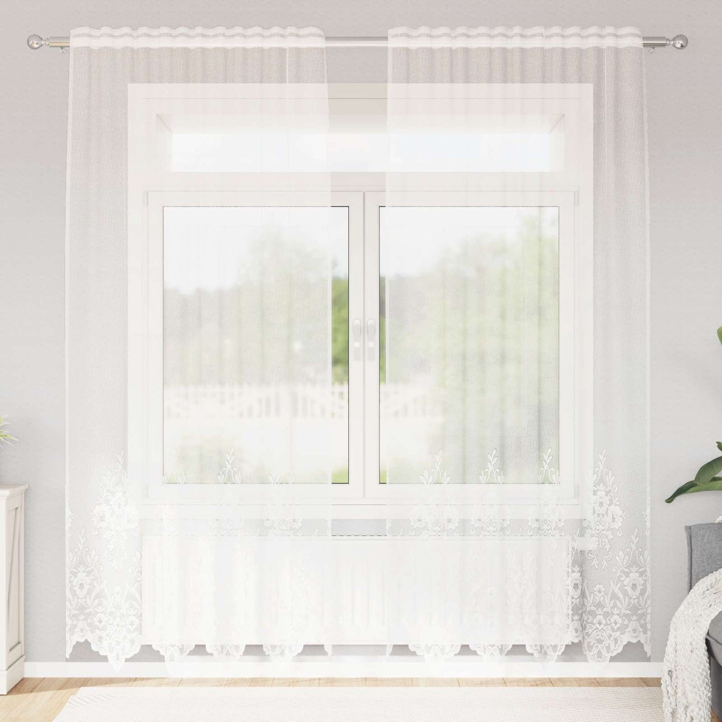 Blondegardin med gardiner Blomster Hvit 200 x 150 cm Polyester