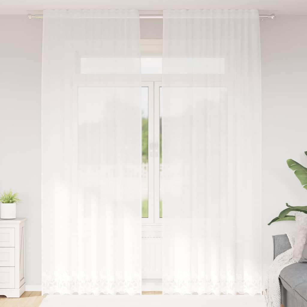 Blondegardin med gardiner Blomster Hvit 260 x 150 cm Polyester