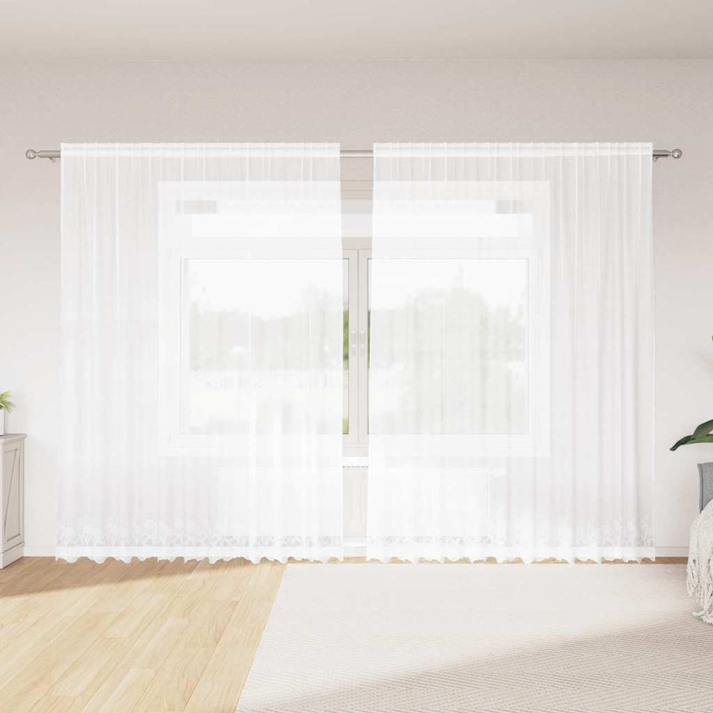 Blondegardin med gardiner Blomster Hvit 200 x 300 cm Polyester