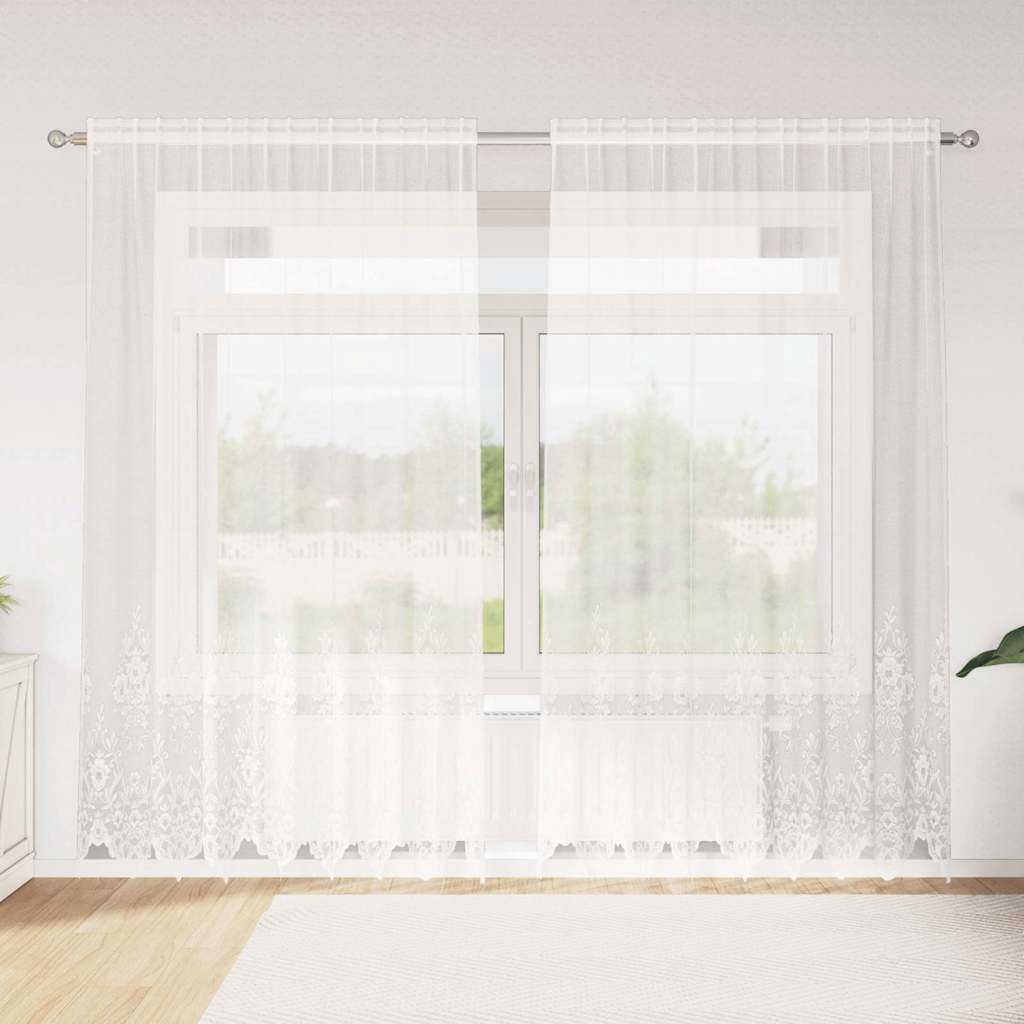 Blondegardin med gardiner Blomster Hvit 245 x 200 cm Polyester