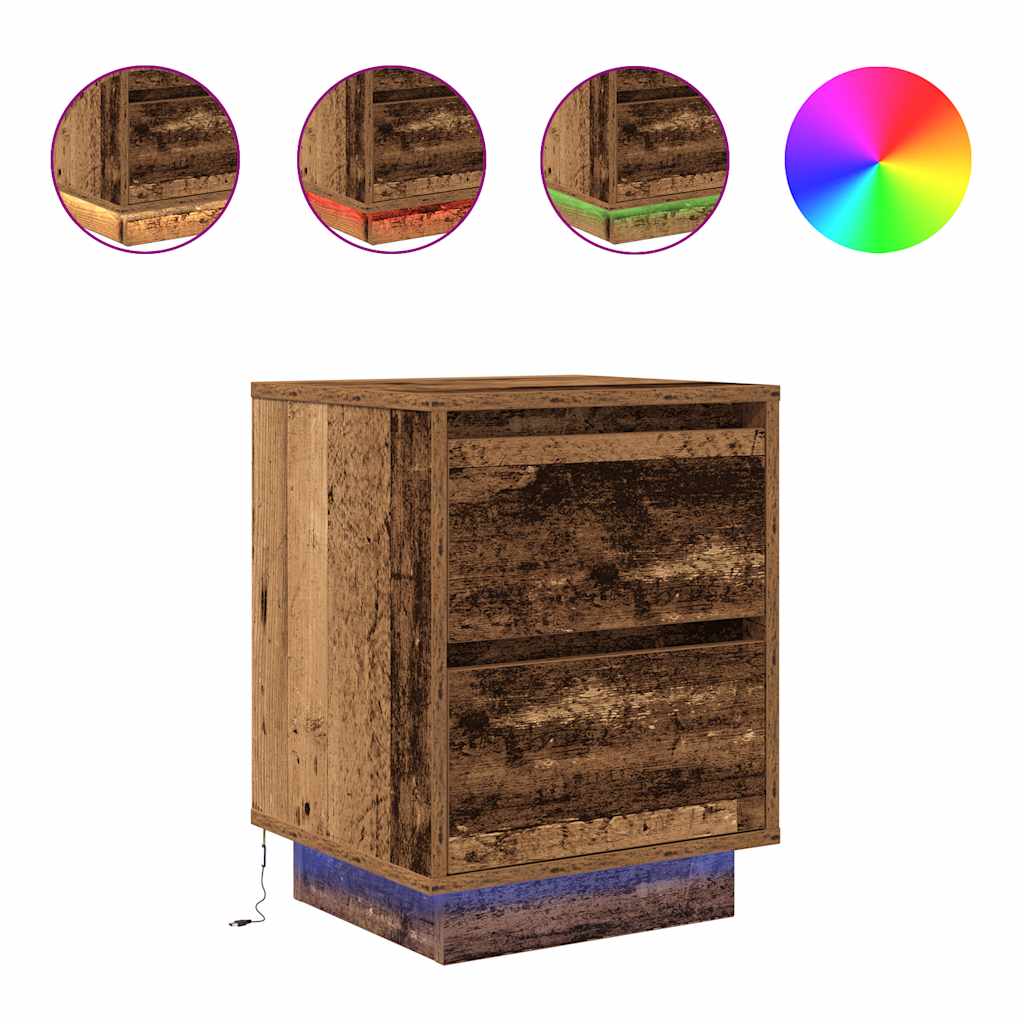Nattskap med LED-lys 2 stk gammelt tre 38x34x50 cm