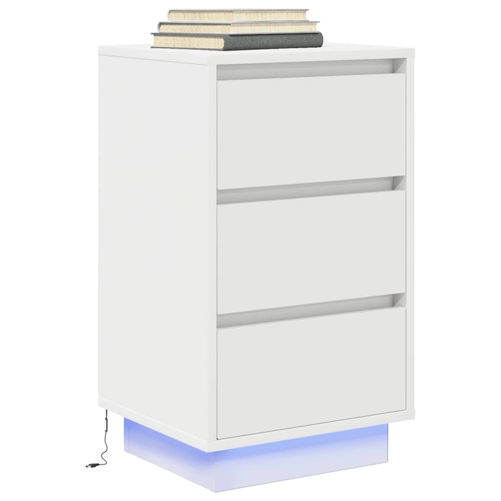 Nattbord med LED-lys hvit 38x34x65 cm