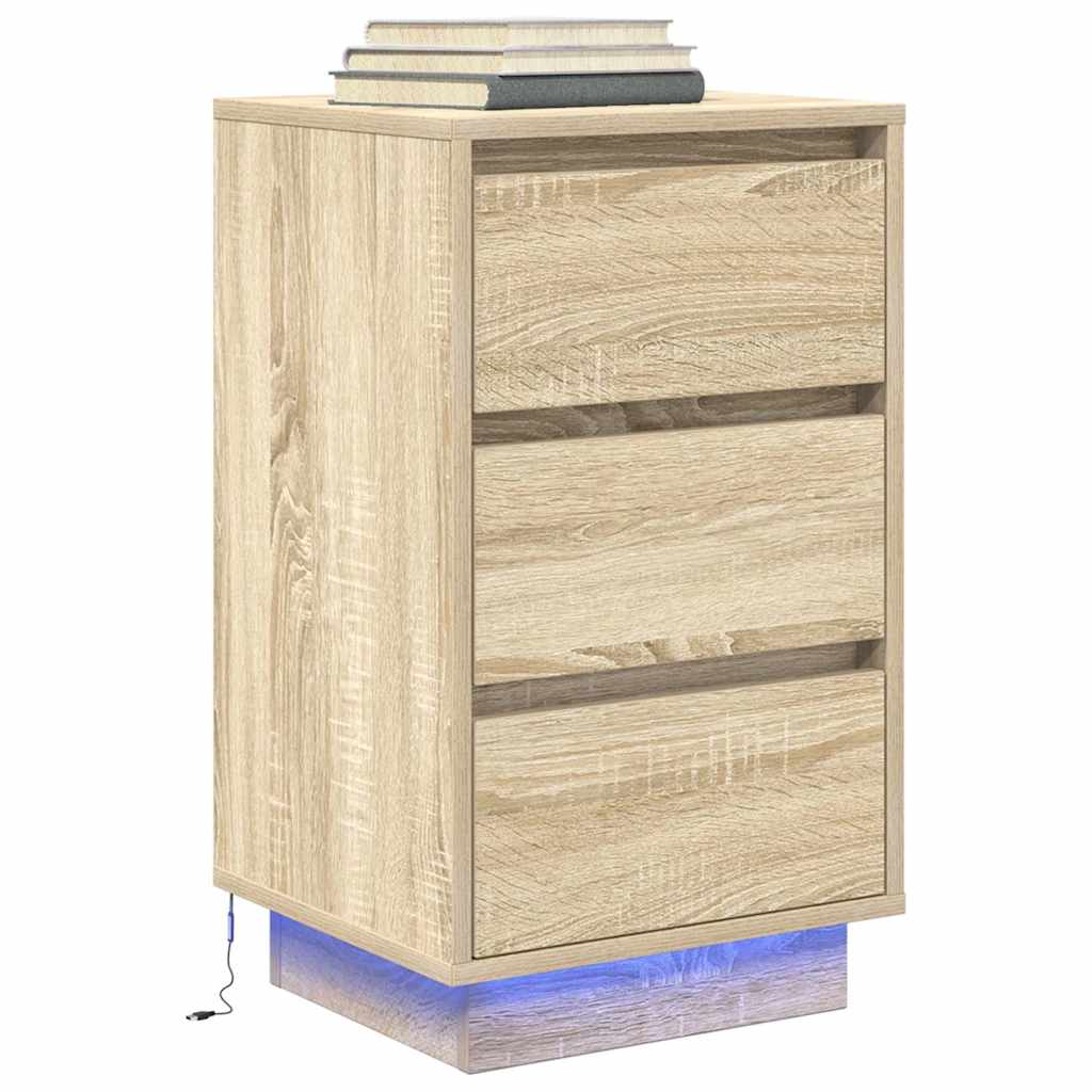Nattbord med LED-lys sonoma eik 38x34x65 cm