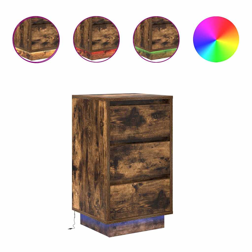 Nattbord med LED-lys røkt eik 38x34x65 cm