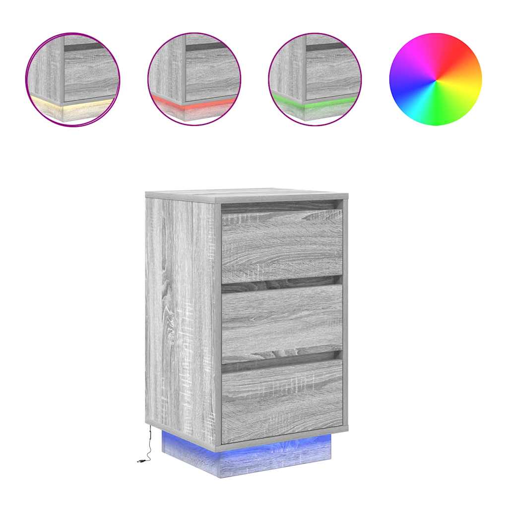 Nattbord med LED-lys grå sonoma 38x34x65 cm