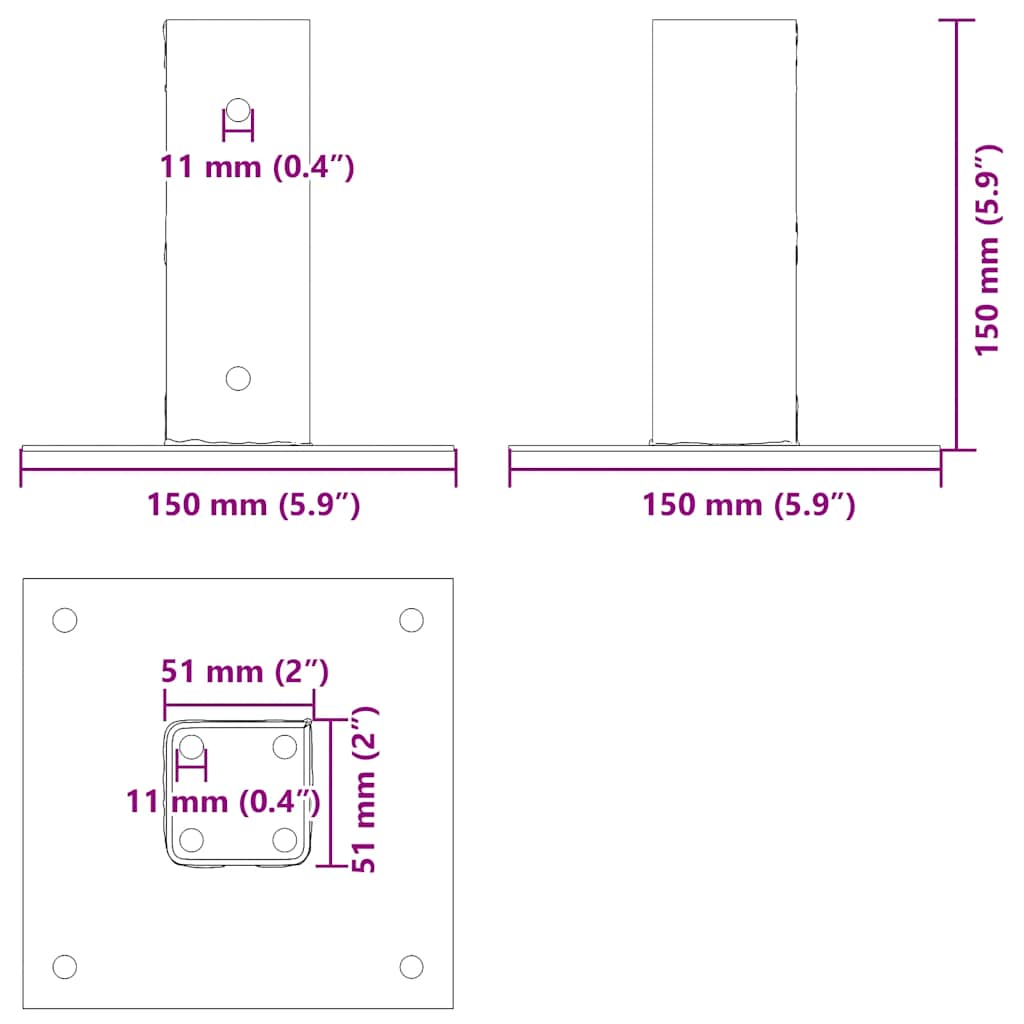 Stolpebunner firkantet 4 stk 51x51 mm pulverlakkert stål