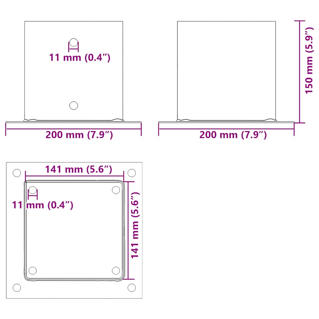 Stolpebunner firkantet 4 stk 141x141 mm pulverlakkert stål