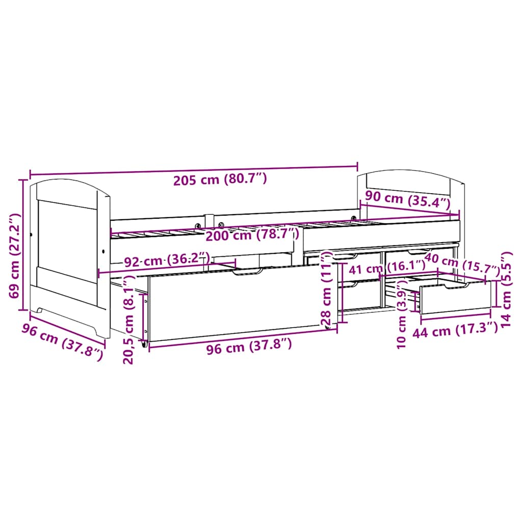 Dagseng med 5 skuffer uten madrass IRUN svart 90x200 cm