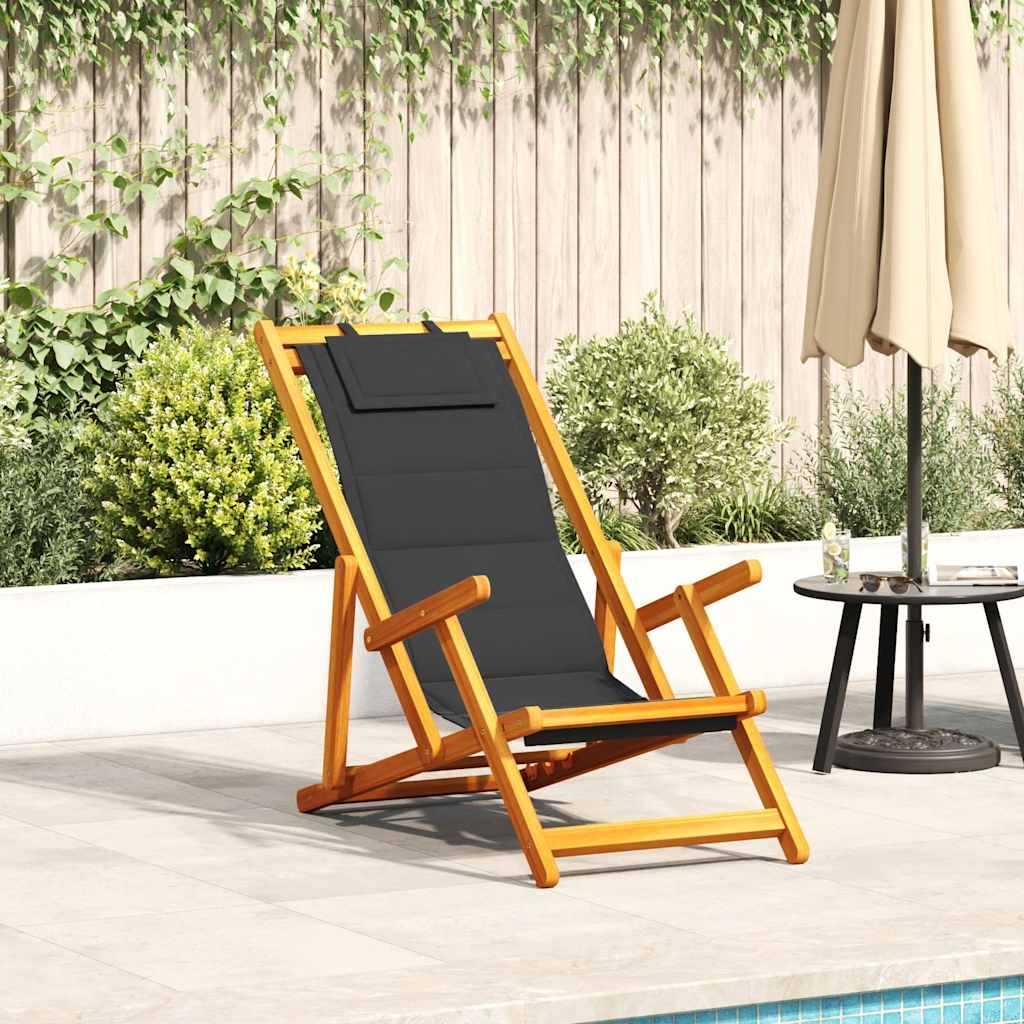 Sammenleggbar strandstol med armlener svart akasietre tekstil