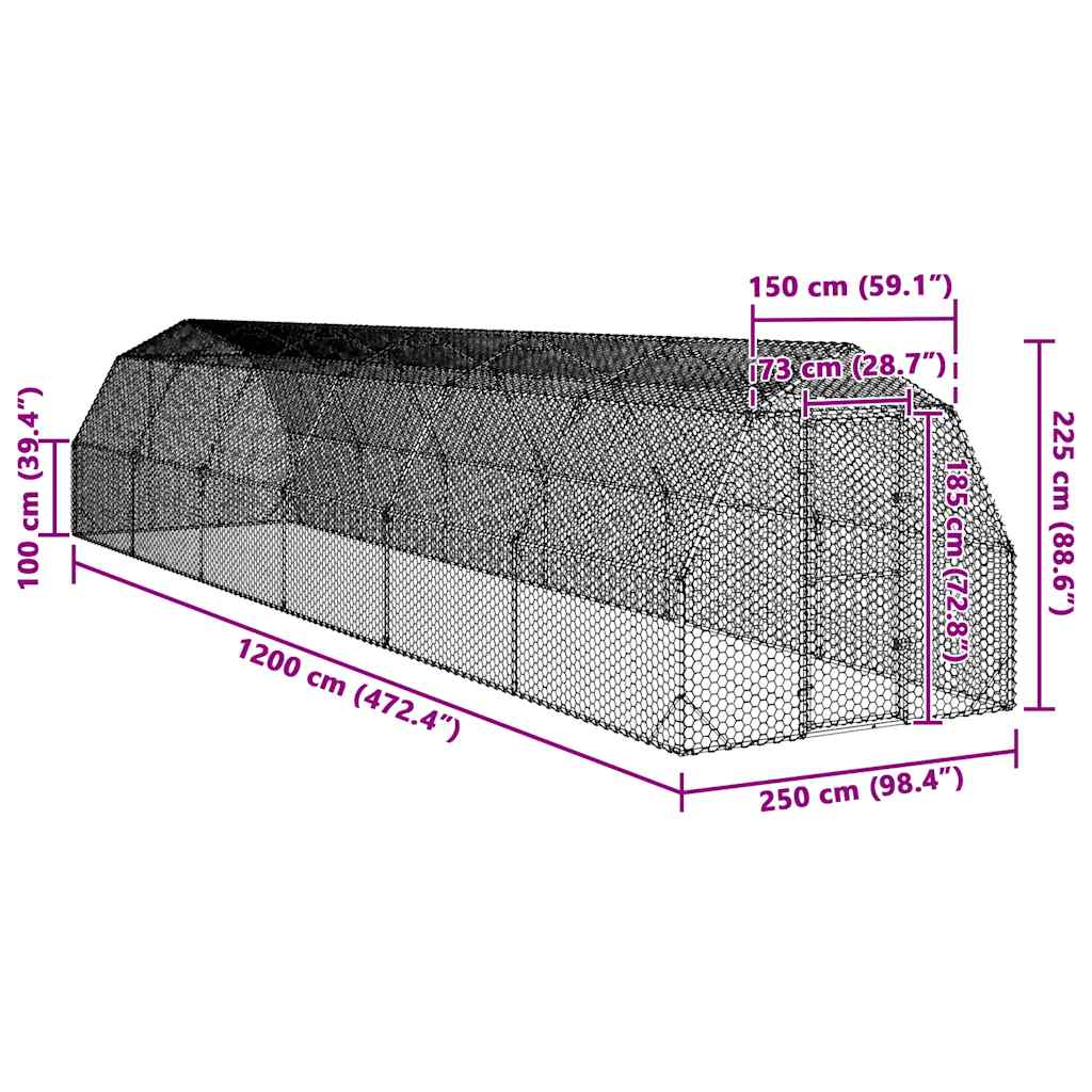 Kyllingløp 2,5x12x2,25 m galvanisert stål