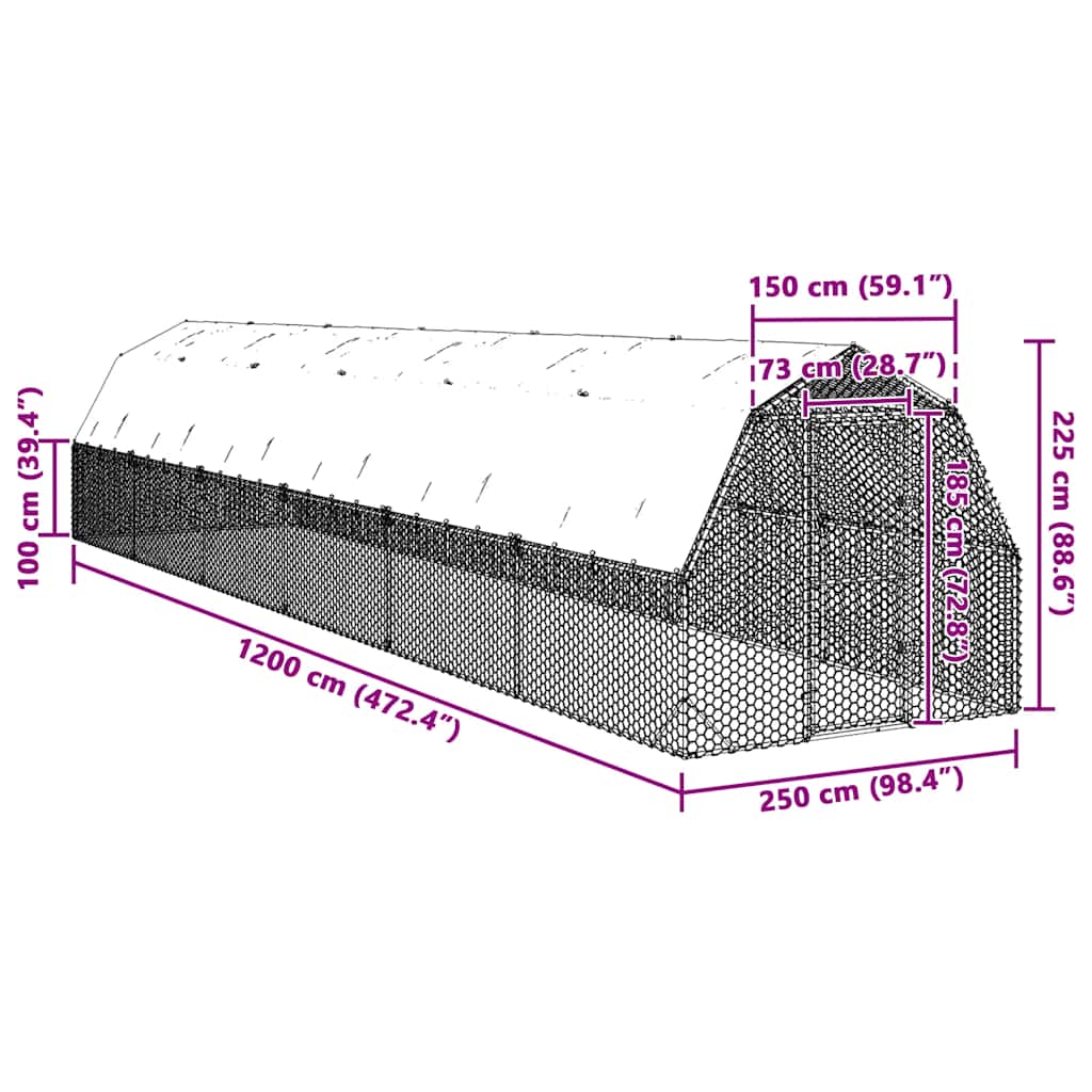 Kyllingløp med tak 2,5x12x2,25 m galvanisert stål