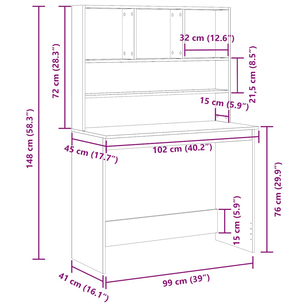 Skrivebord med hyller svart eik 102x45x148 cm konstruert tre