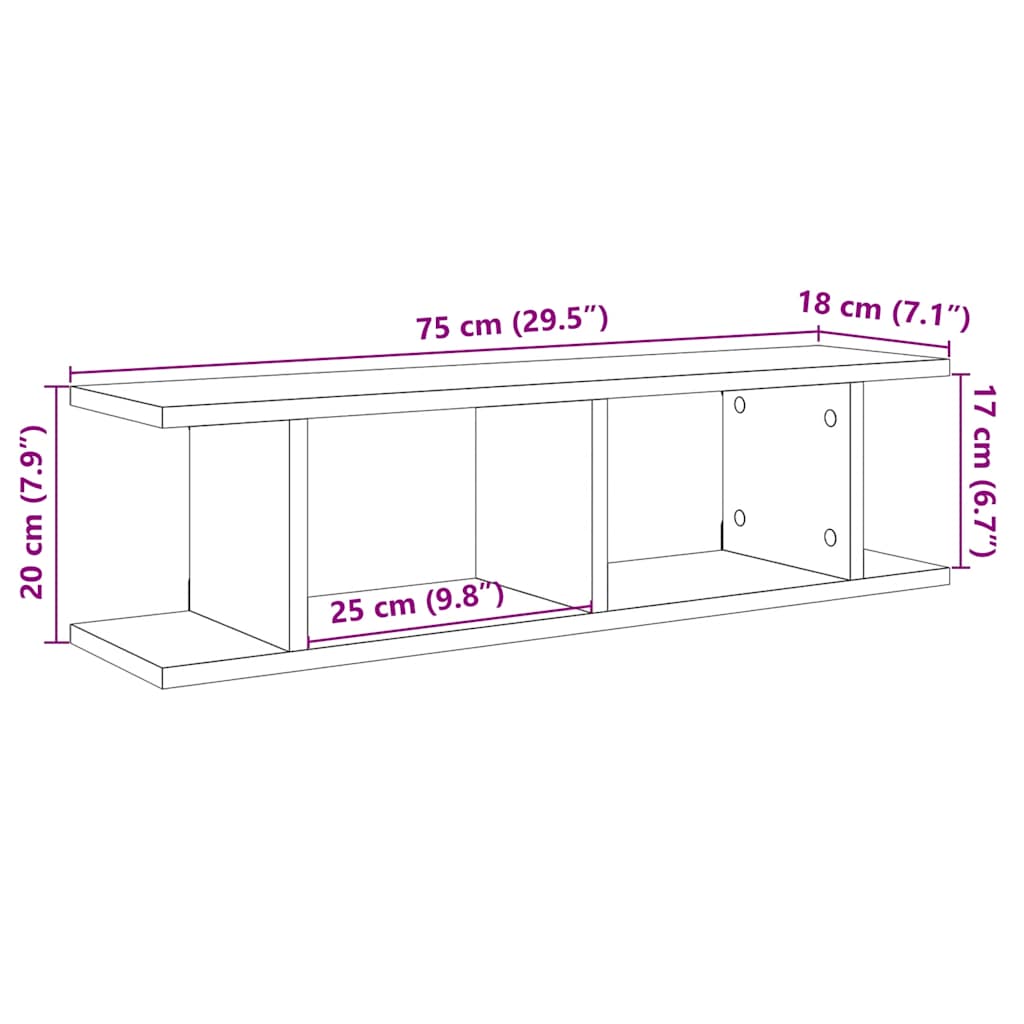 Vegghyller 2 stk svart eik 75x18x20 cm konstruert tre