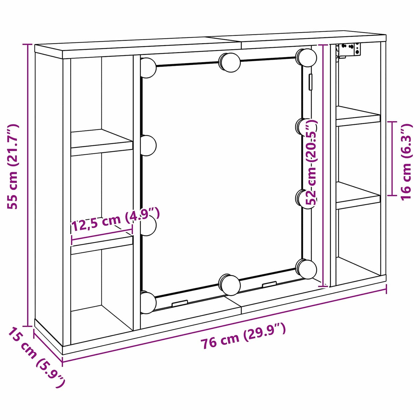 Speilskap med speillys Svart Eik 76 x 15 x 55 cm Konstruert tre