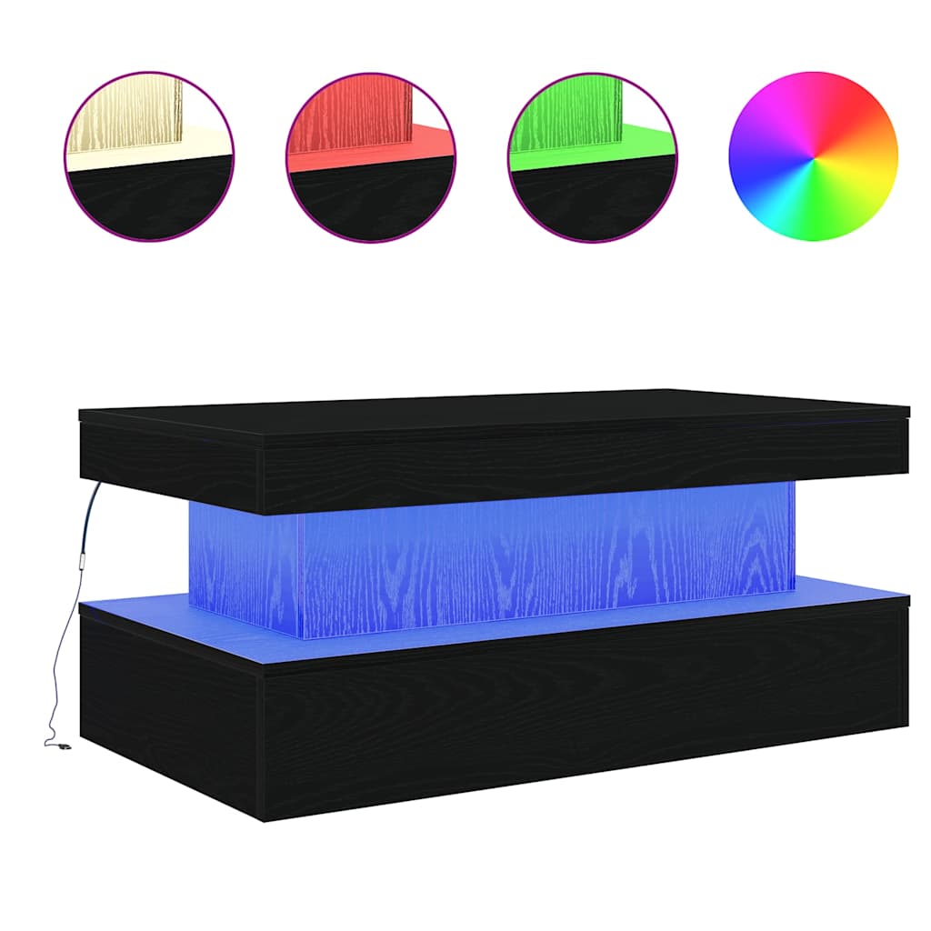Salongbord med LED-lys svart eik 90x50x40 cm