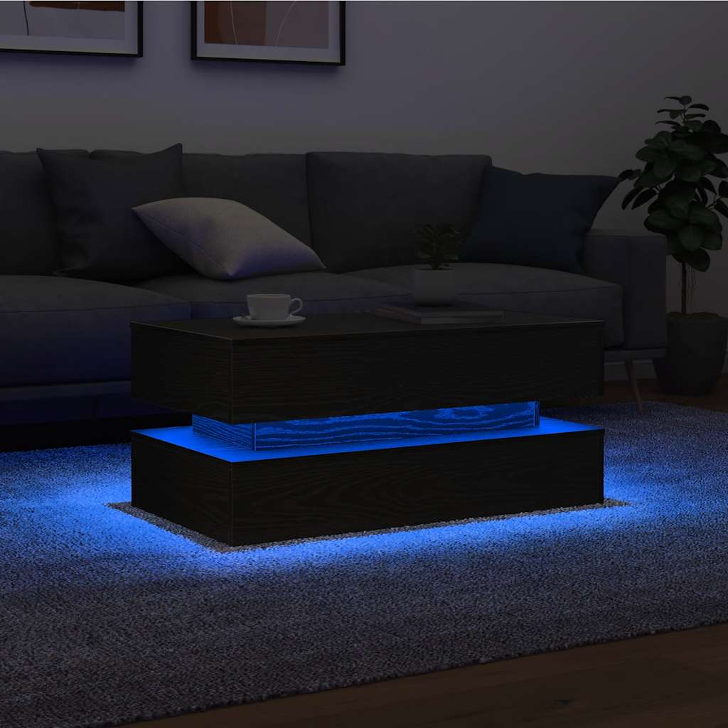 Salongbord med LED-lys svart eik 90x50x40 cm