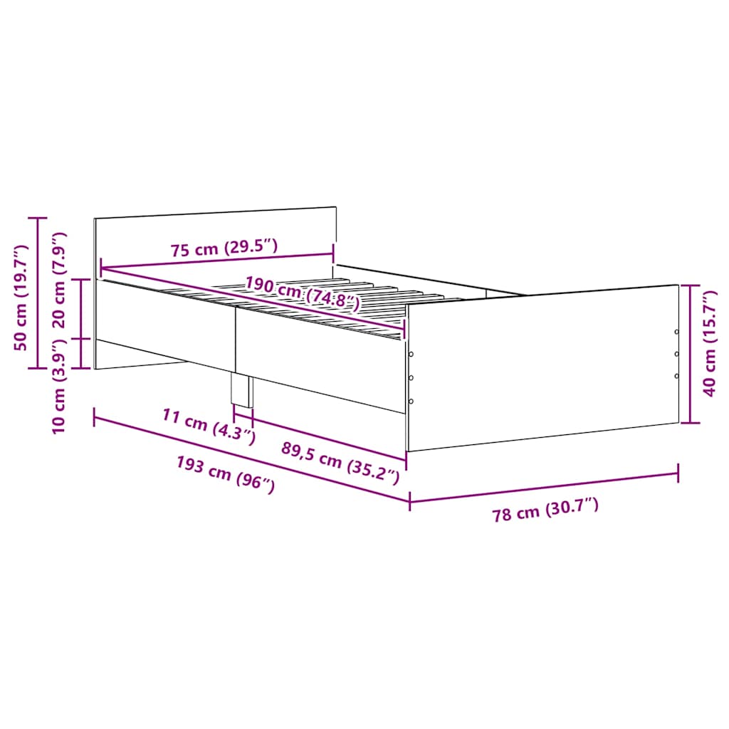 Sengeramme uten madrass svart eik 75x190 cm konstruert tre