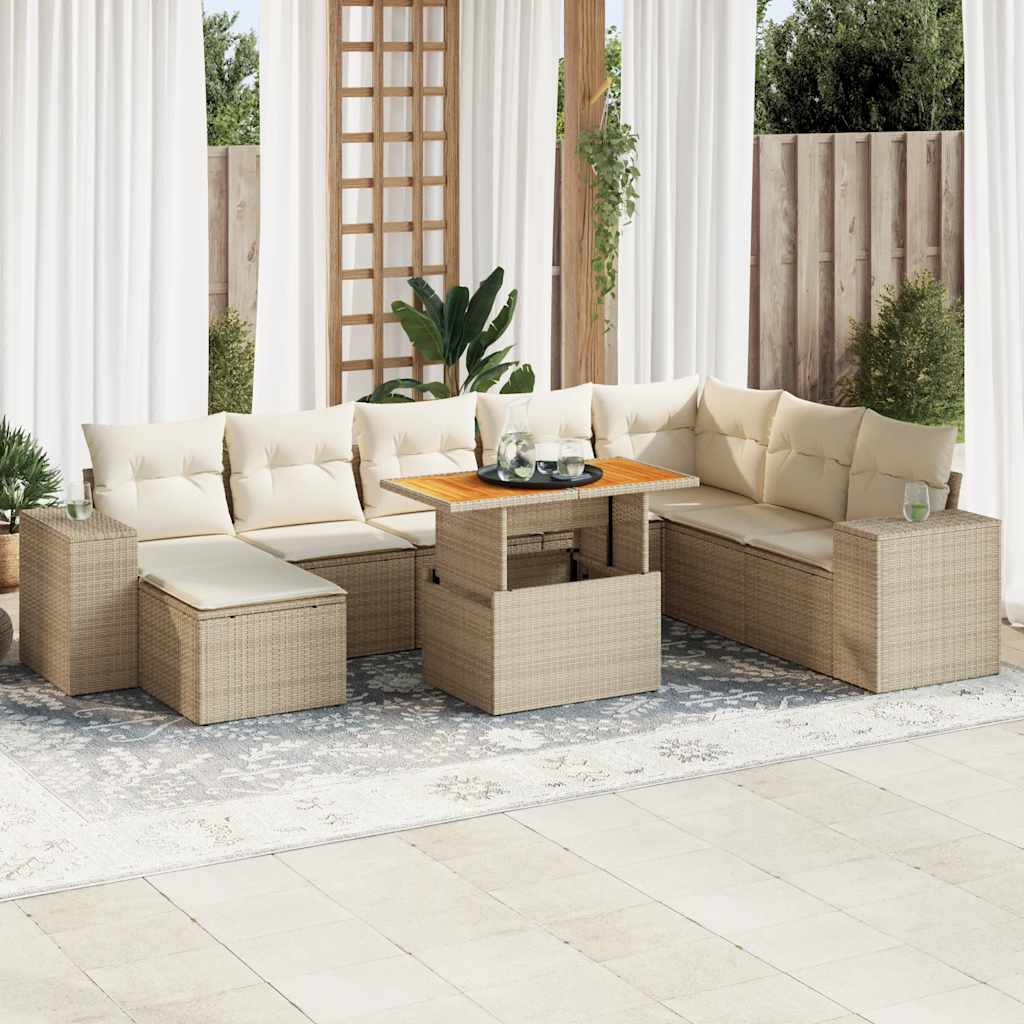 Hagesofaer med puter 9 deler beige polyrotting akasie