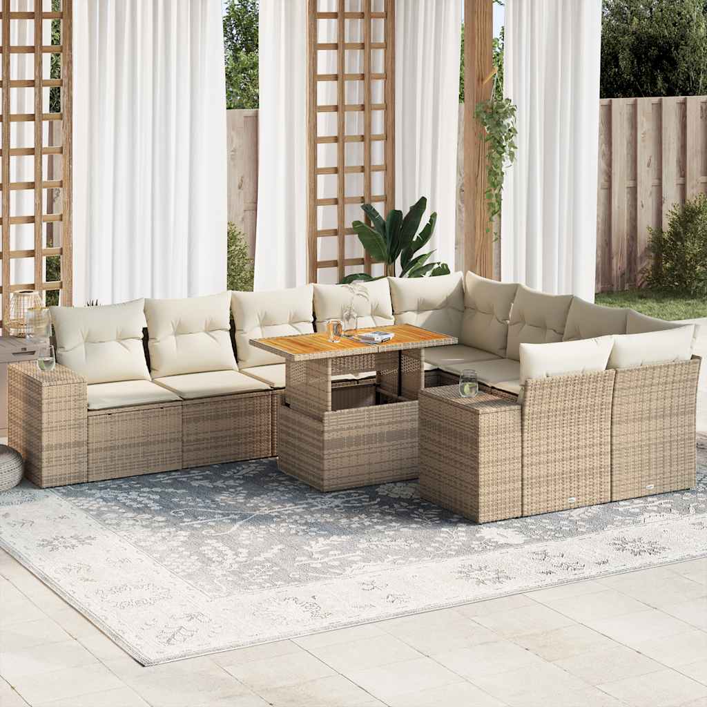 Hagesofaer med puter 10 deler beige polyrotting akasie