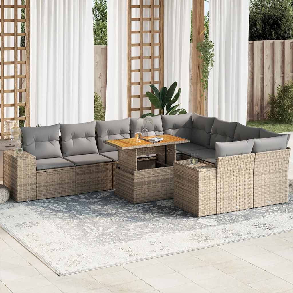 Hagesofaer med puter 10 deler beige polyrotting akasie
