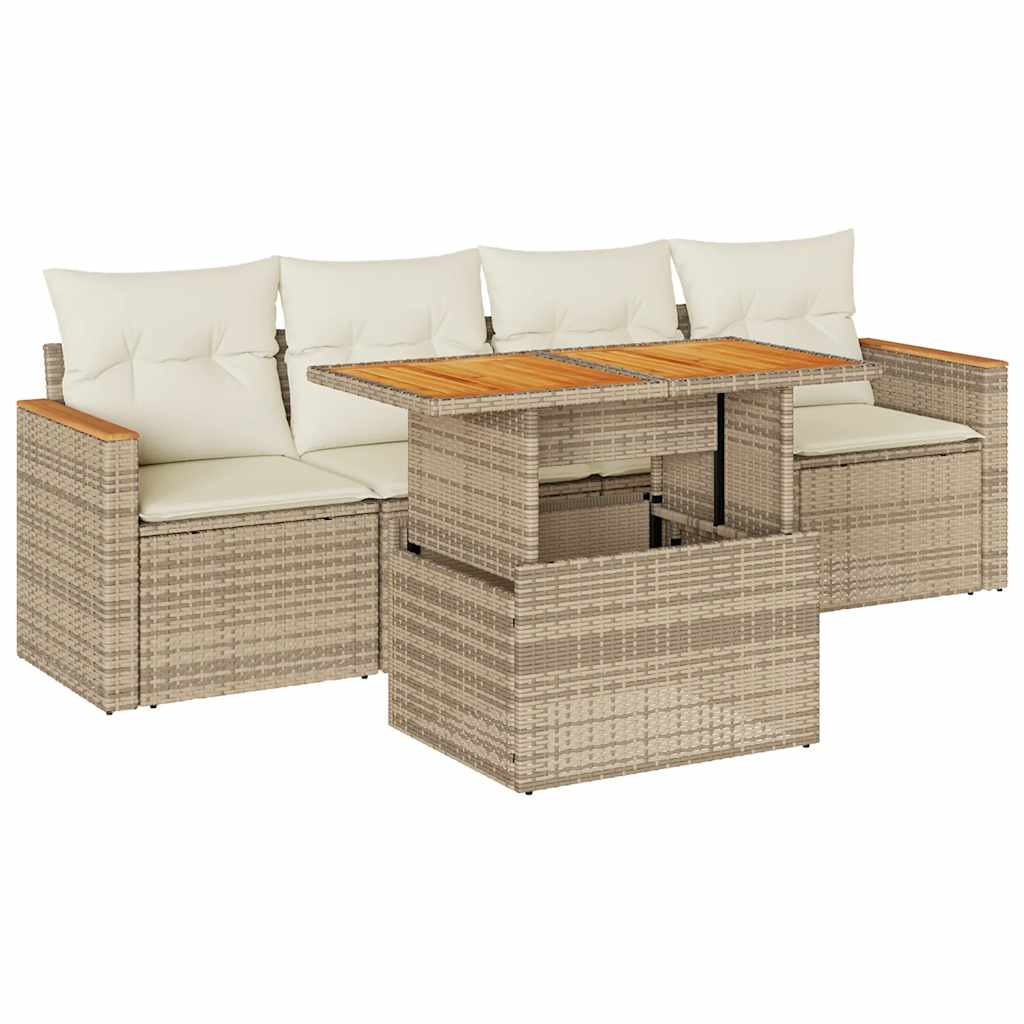 Hagesofaer med puter 5 deler beige polyrotting akasie